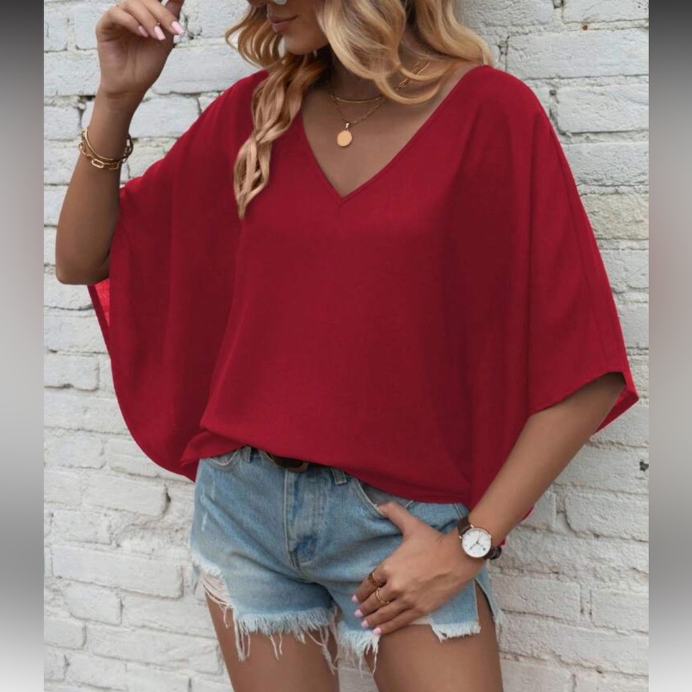 Red Casual Batwing Sleeve Women's Top